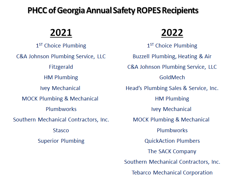 PHCC of Georgia Safety ROPES 2022 Recipients